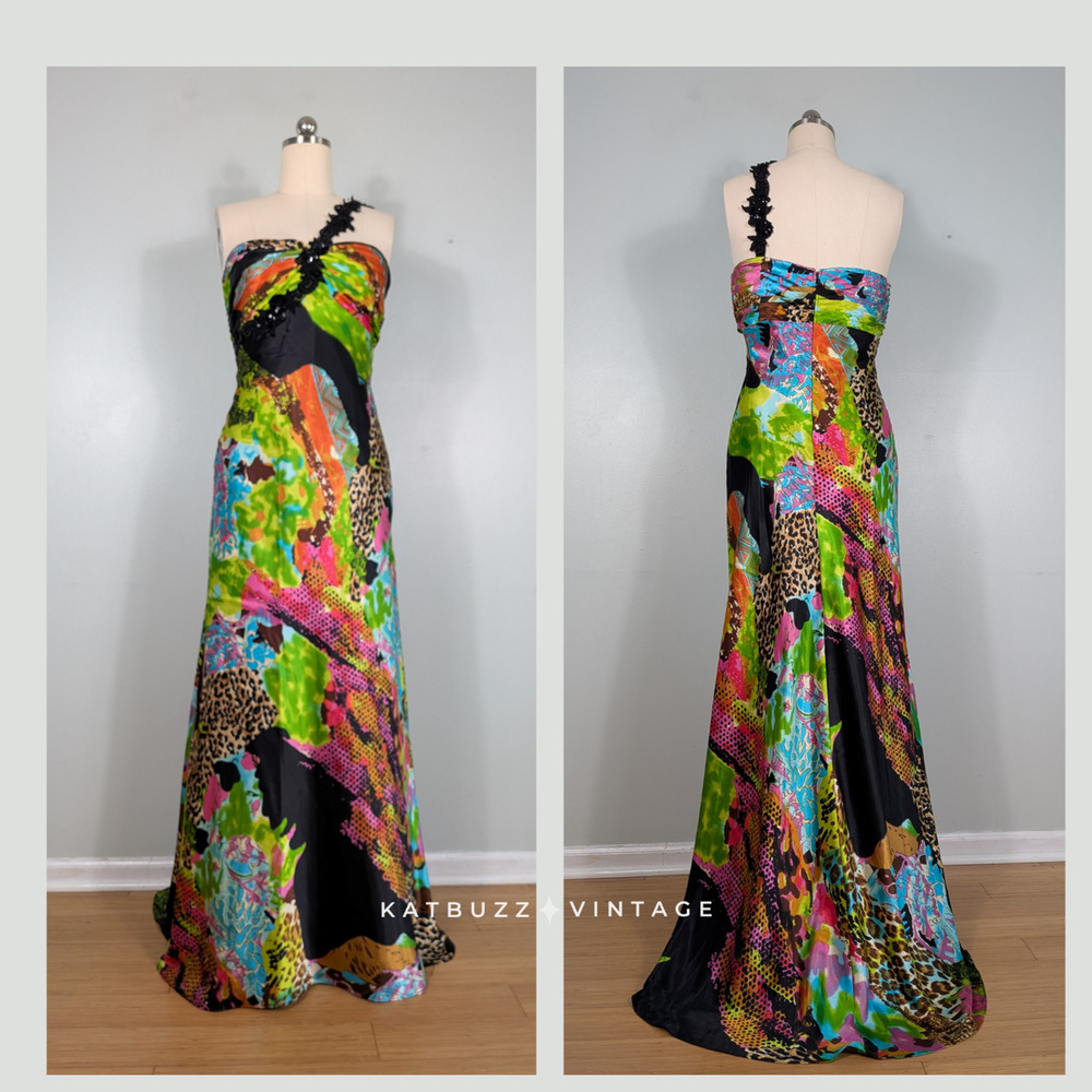 Vintage Nightway Prom Dress Maxi Gown 12 Green Multi Y2K Satin Formal Leopard